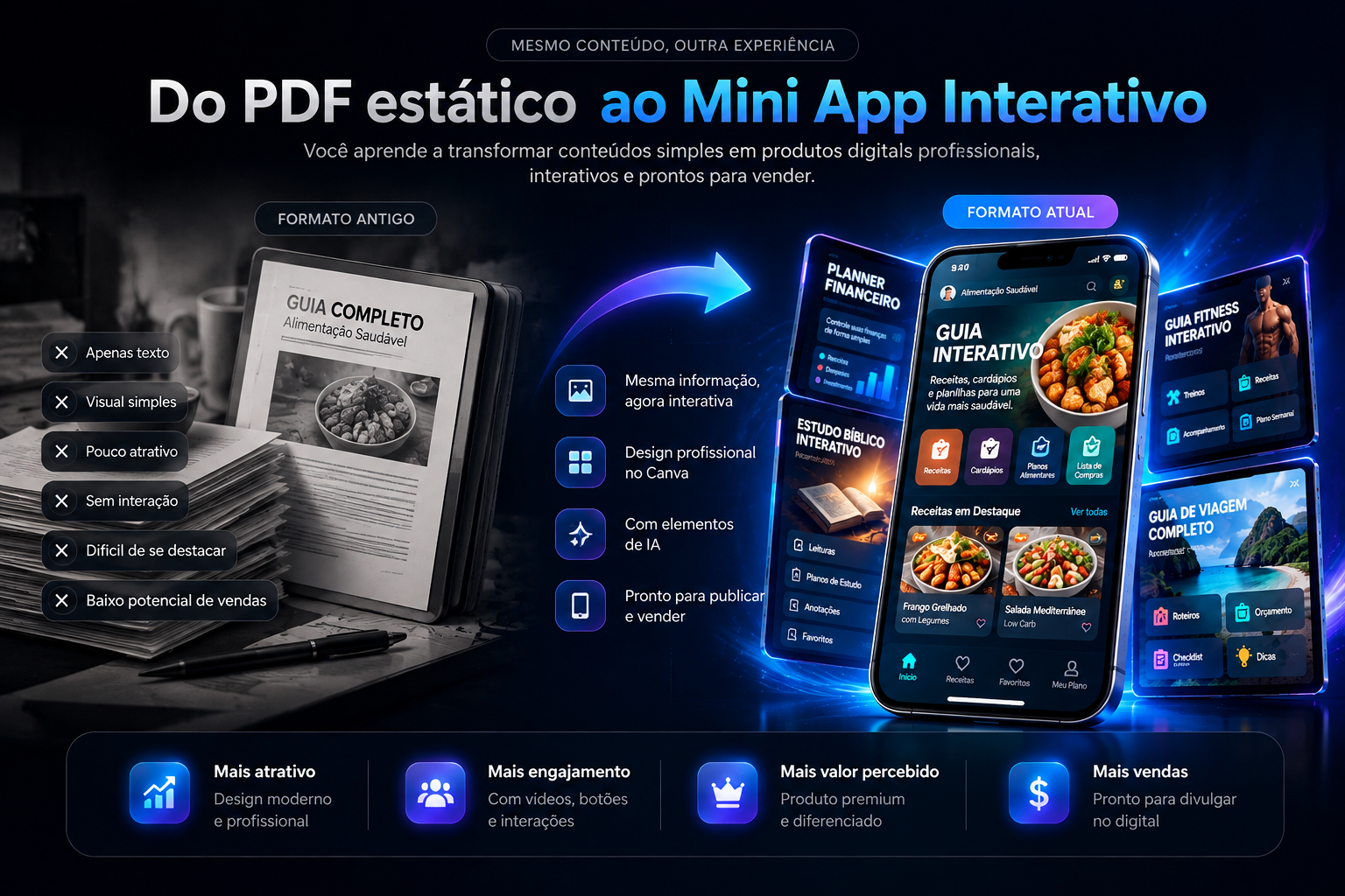 Composição visual da transformação de um PDF estático em um mini app interativo, com smartphone e telas de produtos digitais criados com Canva IA.